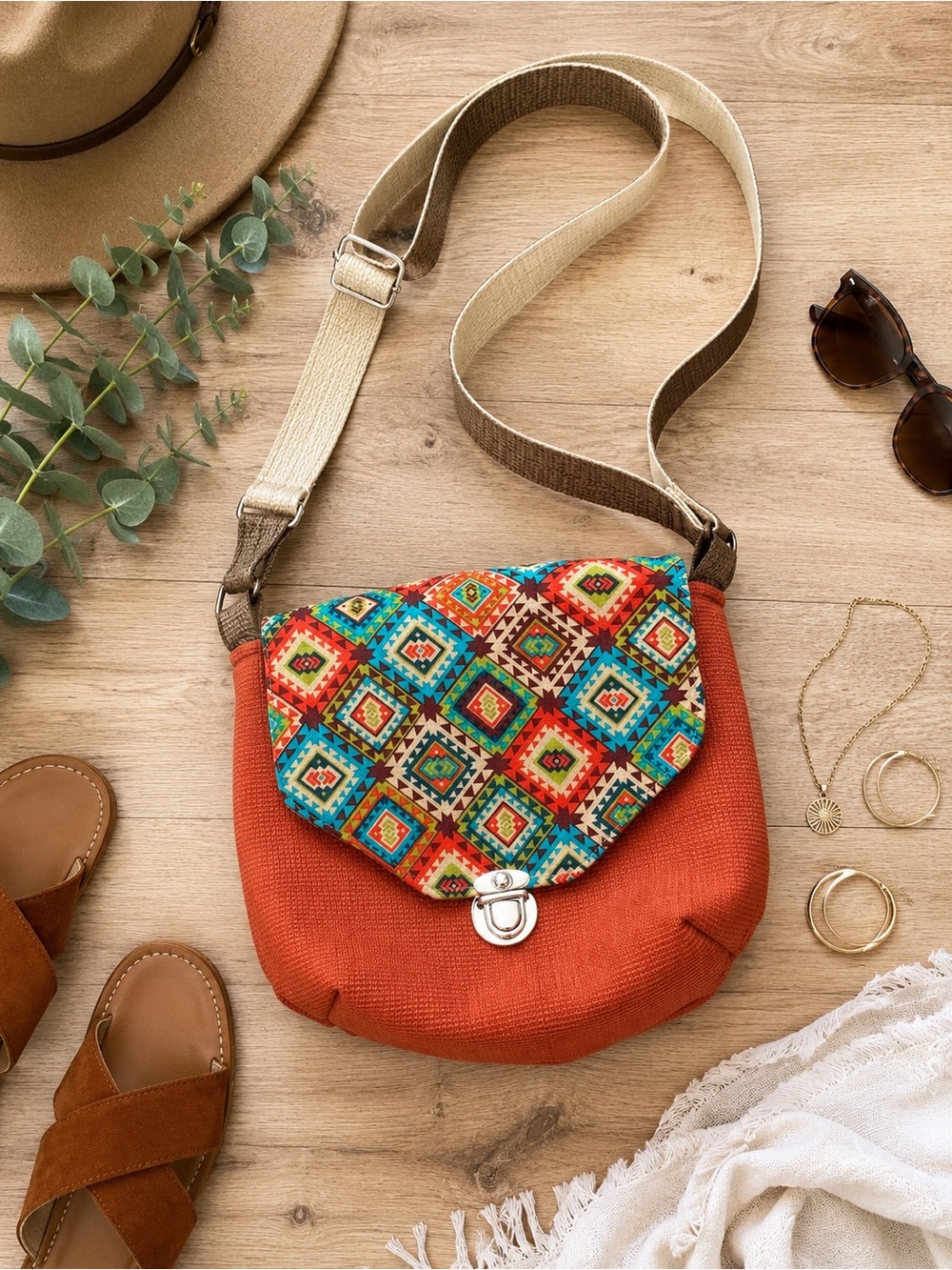 Handmade Crossbody Bag – Rust Orange Cotton Adjustable Two-Tone Strap